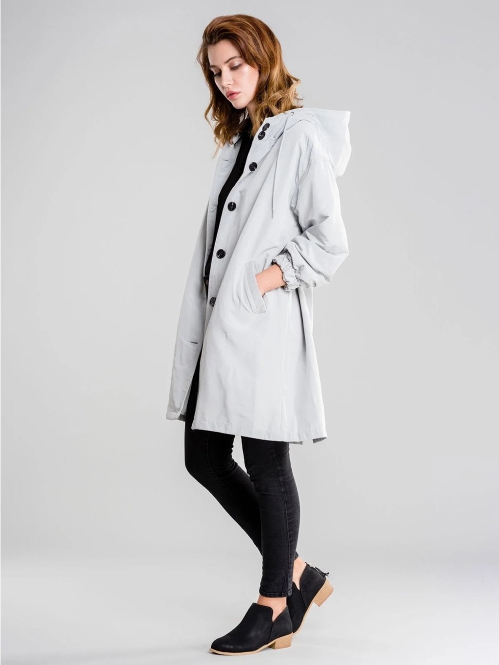 Hooded Light Gray Trench Coat — Casual Rain-Ready Style
